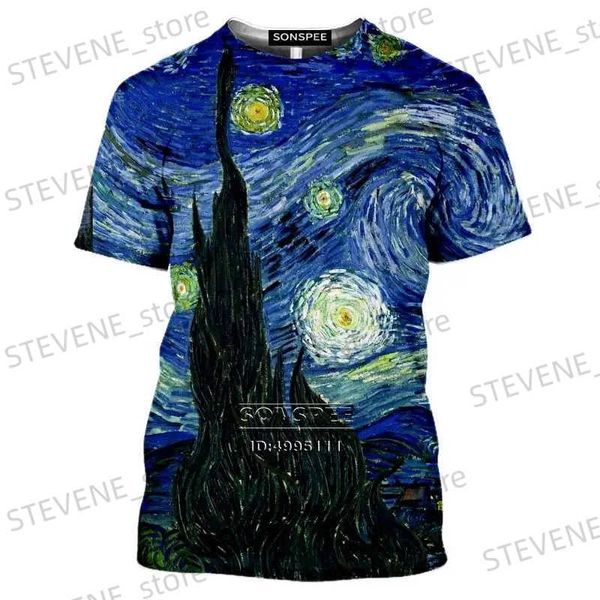 Homens camisetas 2022 Starry Night T-shirt Homens Girassóis T-shirt Vincent Van Gogh 3D Impressão Mulheres Casual Manga Curta Camiseta Fitness Top Tee T231219