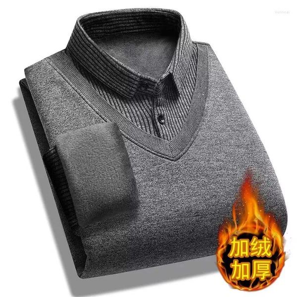 Maglioni da uomo 2023 Autunno Inverno Uomo In Pile Camicia-colletto Maglione Moda Solid Stripe Stampato Spessore Caldo Velluto Maschile Addensare