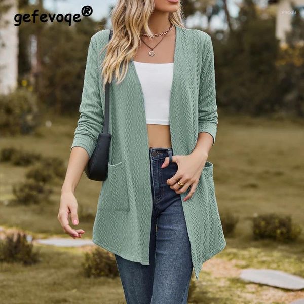 Jaquetas femininas roupas femininas outono moda elegante torções textura manga comprida bolsos cardigan jaqueta senhoras sólida v pescoço solto túnica casaco