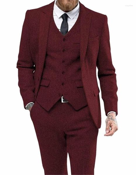 Ternos masculinos borgonha terno masculino lã herringbon fino casual formal negócios noivo tweed smoking casamento 3 peça calças colete