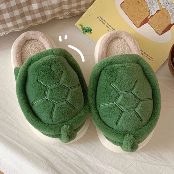 Chinelos ASIFN Fuzzy Inverno Algodão Mulheres Chinelos Quente Soft Sole Turtle Cozy Plush Moda Engraçado Indoor Home Calçado Bonito Casais Sapatos 231219