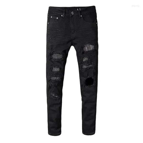 Erkek kot punk tarzı tasarım ince sıska rhinestone patchwork yırtık moda yama siyah streç denim pantolon