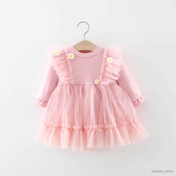 Vestidos de menina Roupos de bebê Roupas de bebê malha de outono vestido de manga longa coreana linda princesa fio vestido de flor vestidos de menina para casamentos