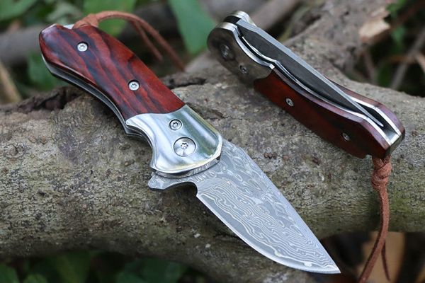 Coltello pieghevole Flipper di alta qualità VG10 Lama in acciaio damasco Finitura CNC Palissandro con manico in lamiera d'acciaio Cuscinetto a sfere Coltelli tascabili EDC ad apertura rapida