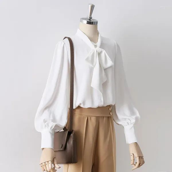 Blusas femininas chiffon branco camisas femininas design de verão 2023 arco pescoço lanterna manga solta elegante senhora do escritório outwear casacos topos