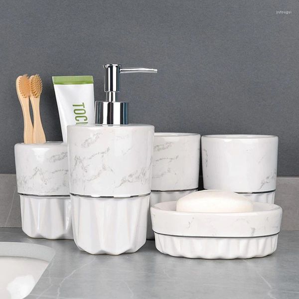 Set di accessori per il bagno Combinazione di articoli da toeletta per il bagno Casa 5 pezzi Lavaggio in marmo nordico Portasapone in ceramica Collutorio Tazza Bottiglia per erogazione di liquidi