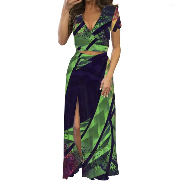 Partykleider HYCOOL-Polynesian Tribal Green Totem Print Kleid für Damen Kurzarm 2-teilige Damen Lange Sommeraktion 2023