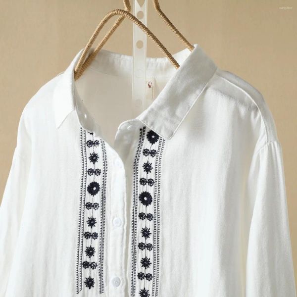 Camicette da donna Top in filato di cotone Camicie ricamate bianche a maniche lunghe stile etnico messicano Bohemian Hippie Abbigliamento Boho