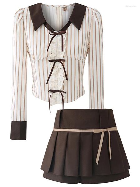 Damen-T-Shirts, Herbst-Vintage-Stil, französische Mode, romantische Mori-Girl-Outfits, 2-teiliges Set, gestreift, bauchfrei, langärmelig, Mini-Faltenröcke