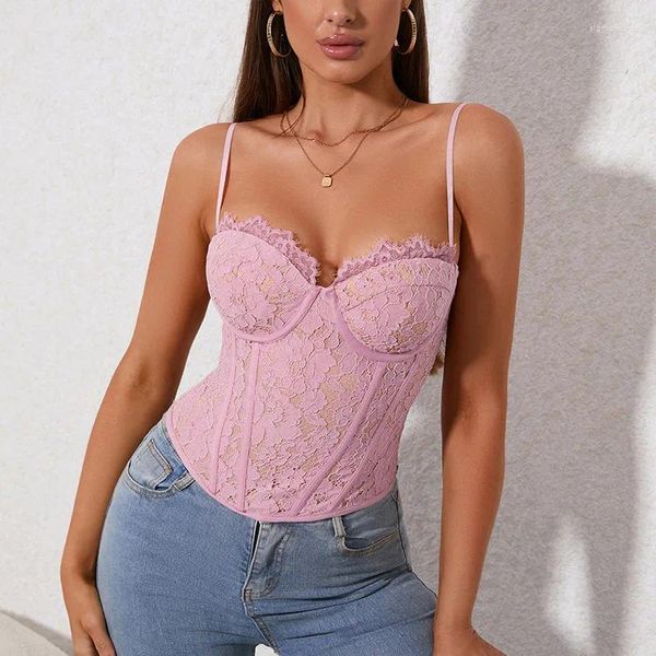 Frauen Tanks Suninheart Spitze Sommer Rosa Korsett Top Frauen Sexy Bodycon Crop Mit Pads Weibliche Bluse Hohe Qualität