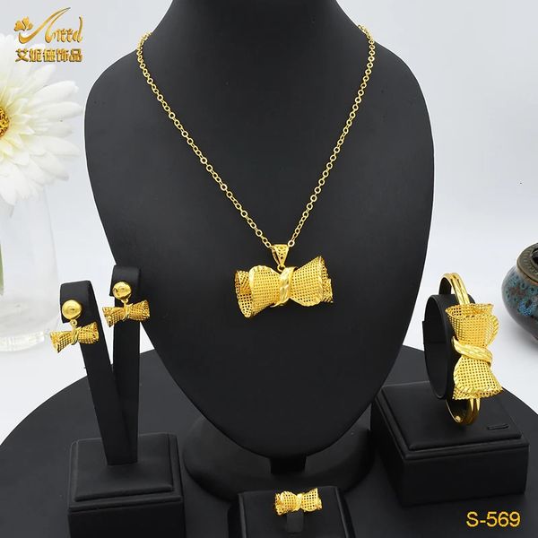 Conjuntos de jóias de casamento ANIID Dubai Bow Design Set Gold Color Etíope Colar Brincos Bangle Anel para Mulheres Presente de Festa Atacado 231219