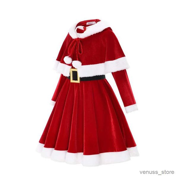 Mädchenkleider Weihnachtskleid für Mädchen für Karneval, Party, 2-teiliges Kleid + Umhang, niedliches Hasenohr, roter Samt, Weihnachtsmann-Kostüm, langärmelig, Elch, Weihnachten