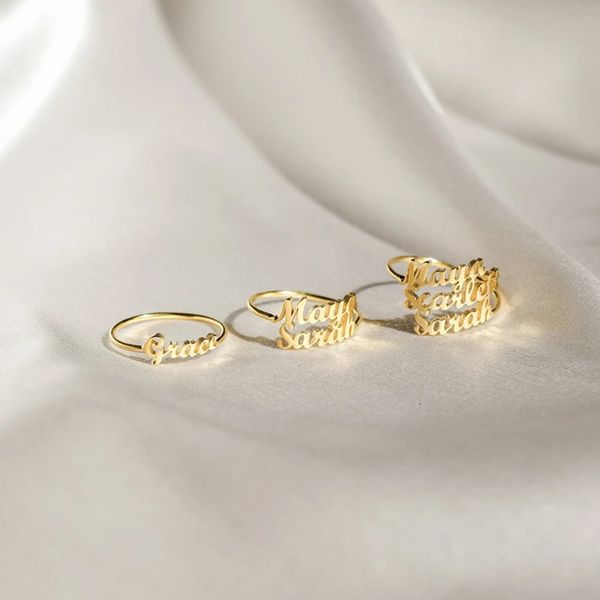 Anéis de casamento personalizados empilháveis membros da família nomes anel ajustável personalizado vários anéis de nome para mulheres jóias mãe irmãs presentes 231219
