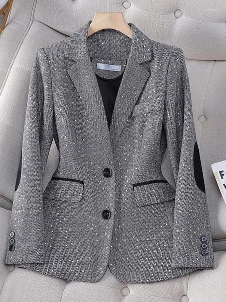 Abiti da donna 2023 Autunno Retro Grigio Splice Plaid Paillettes Blazer Cappotto per le donne Marrone Elegante Business Vintage Giacca da donna Moda