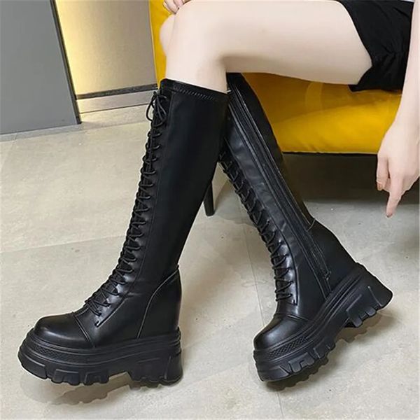 Boots Women's Knee High Boots 2024 Autumn Chunky Black PU Motorcycle Long Booties Female Retro Punk Increasing 11 CM Shoes Mujer 231219