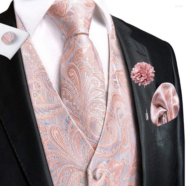 Gilet da uomo Hi-Tie Moda Seta Uomo Corallo Rosa Paisley Jacquard Gilet Cravatta Fazzoletto Gemelli Spilla Set Matrimonio Regalo formale d'affari