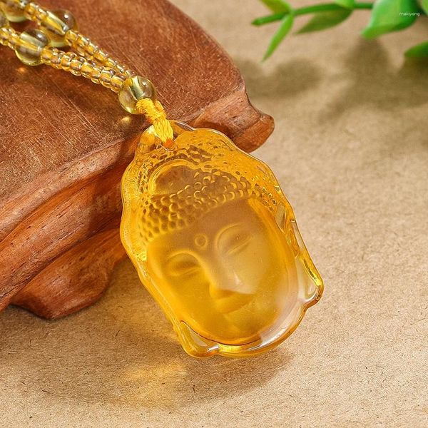 Collane con ciondolo Collana classica con testa di Buddha in cristallo giallo per donna Uomo Ciondoli buddisti Sakyamuni Amuleto fortunato Regalo di gioielli di buon auspicio