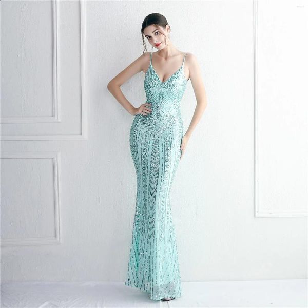 Partykleider Est Mint Green Lange Abendkleider Bling Pailletten Spaghettiträger Sexy Meerjungfrau Abendkleid Frauen Formal