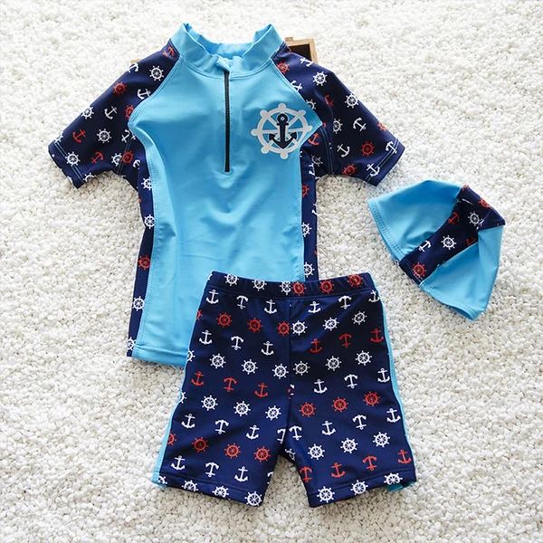 Indossare bambini costume da bagno da bagno in stile blu scuro 2 pezzi da bagno abiti da sole in serratura con berretto da bagno per ragazzi 112y