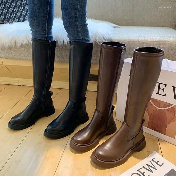 Botas 2023 outono moda mulher longa plataforma sapatos femininos joelho alto pu senhoras saltos planos mulher grossa sola sapato