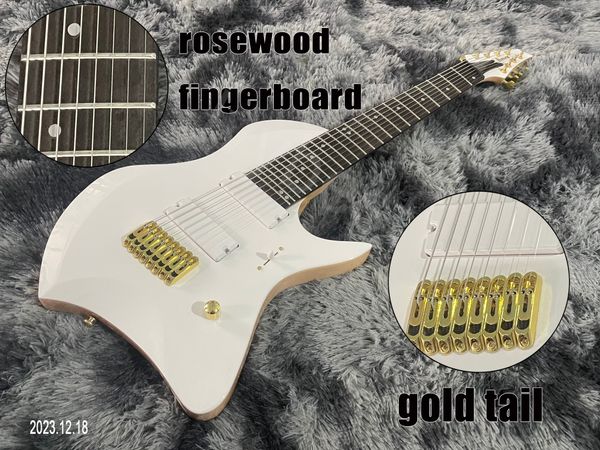 E-Gitarre, 8 Saiten, angeschraubte, verbundene Goldteile, massiver weißer Korpus, weiße Punkte, Intarsien, Griffbrett aus Palisander