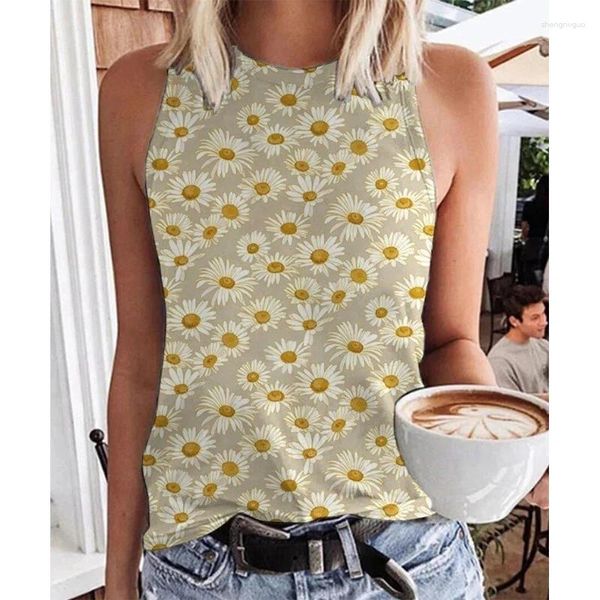 Kadın Tankları Küçük Daisy Patchwork 3D Baskı Tank Tops Street Giyim Kolsuz Yelek Y2K Büyük Boy Omuz Kefiton Kadın Giyim