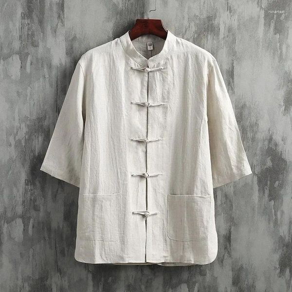 Camisas casuais masculinas estilo chinês cor sólida luz e fina gola de linho camisa de manga curta algodão tang
