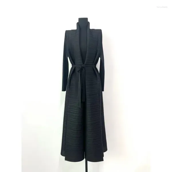 Повседневные платья Miyake, плиссированное черное платье, пальто, платье-кардиган, шикарная юбка макси с воротником с лацканами и рюшами, женская 2023, осень-зима, уличная одежда