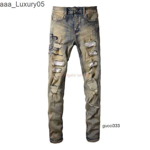 Dirty amari amirl amirlies am amis imiri amiiri AM Designerkleidung es Jeans Denim Hosen es Tide Brand High Street Yellow Mud Wash Water Made of Old Cobra Embroid I2RU