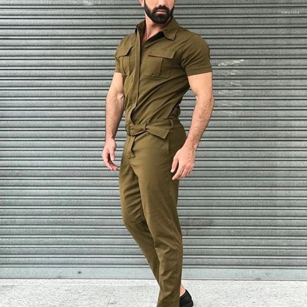 Calças masculinas 2024 macacão moda casual streetwear bolso cor sólida manga curta calças macacão lazer básico