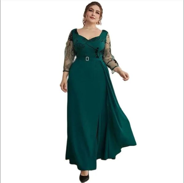 Vestidos elegantes de renda de renda dos vestidos de noiva de mangas compridas Vestido de convidado de convidado A comprimento da linha V pescoço de chiffon plus size