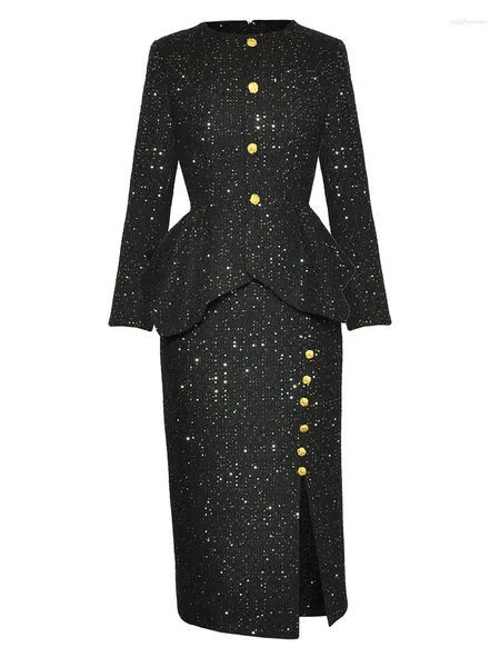 Рабочие платья Комплект из двух предметов Экстравагантный весенне-осенний модный костюм высокого качества для вечеринок Черный асимметричный жакет Полуюбка-карандаш Офисные женские
