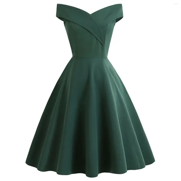 Lässige Kleider 2023 Frauen Sommer Schulterfrei V-Ausschnitt Retro Vintage 50er 60er Jahre Elegantes Kleid Sexy Rockabilly Party Midi Vestidos