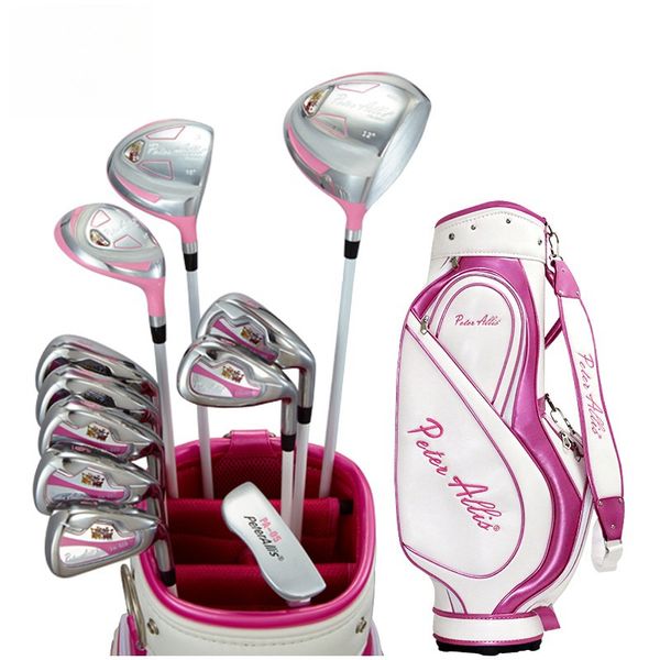 Il set completo di mazze da golf da donna include driver in titanio, S.S. Fairway, S.S. Hybrid, ferri S.S. 5-PW, putter e borsa con supporto