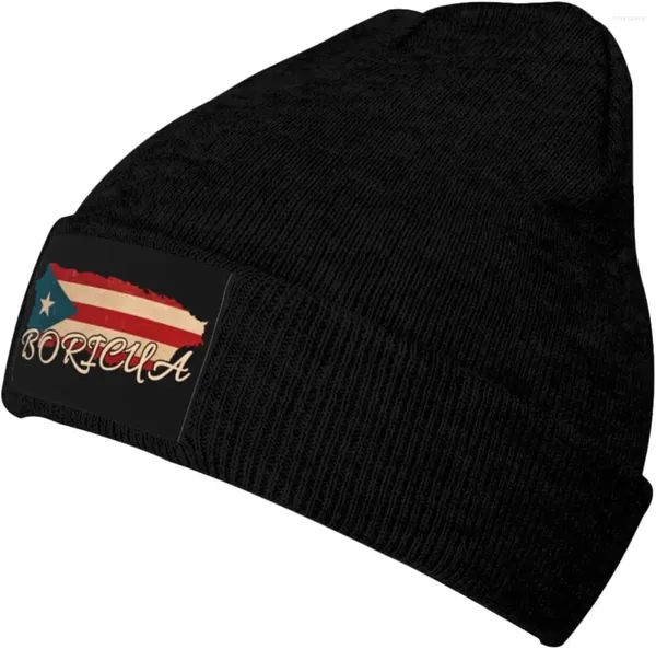 Berretti Porto Rico Bandiera Rican Boricua Pride Morbido Elasticizzato Calore Beanie Uomo Donna Con Risvolto Spessa Teschio Cappello In Maglia Nero