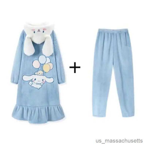 Pijama Sanrioed Kaii Karikatür Cinnamoroll Pijama Pijamalar Sevimli Anime Peluş Pijama Etek Kız Homewear Placowear Sonbahar Kış Kapşonlu Gece Koşulları