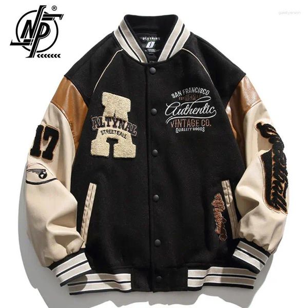 Giacche da uomo Giacca da baseball High Street Uomo Harajuku Ricamo Lettera Patchwork Varsity Cappotto universitario con maniche in pelle vintage unisex