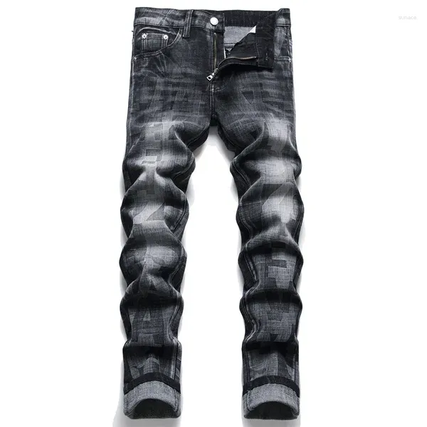 Erkek kot punk tarzı tasarım erkekler baskılar streç ince sıska konik pantolon orta bel yıkanmış pamuklu pantolon mavi siyah