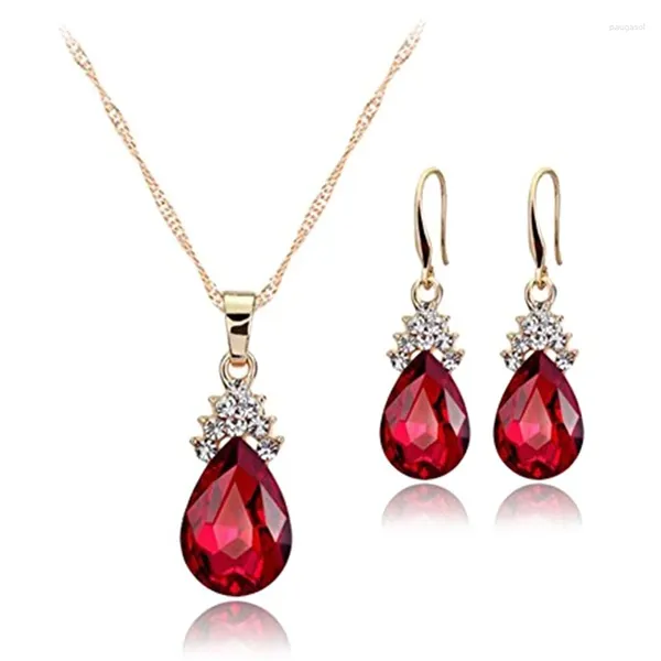Brincos de colar conjunto de gotas de água de diamante elegantes joias femininas de brincos de pingente de cristal (vermelho)