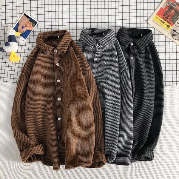 Giacche da uomo Camicia di lana stile vintage giapponese pigro Marchio alla moda Hong Kong Risvolto Cappotti caldi larghi a righe a maniche lunghe