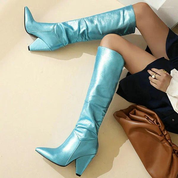 Сапоги 2023, женские тканевые ботинки с блестками, модные женские зимние сапоги до колена с острым носком в западном стиле, на высоком каблуке, со складками