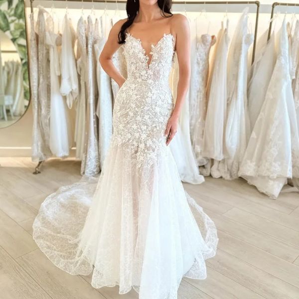 Stunningbride 2024 branco sexy cintas de espaguete voltar zíper sereia vestido de casamento lindo apliques rendas sem mangas trompete vestido de noiva