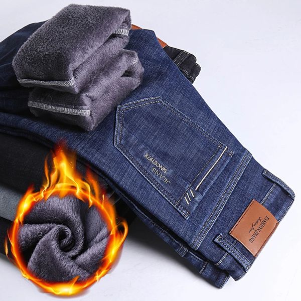 Jeans da uomo Classic Regular Fit Fleece Business Fashion Pantaloni larghi casual elasticizzati di marca maschile Plus Pantaloni caldi imbottiti in velluto 231218