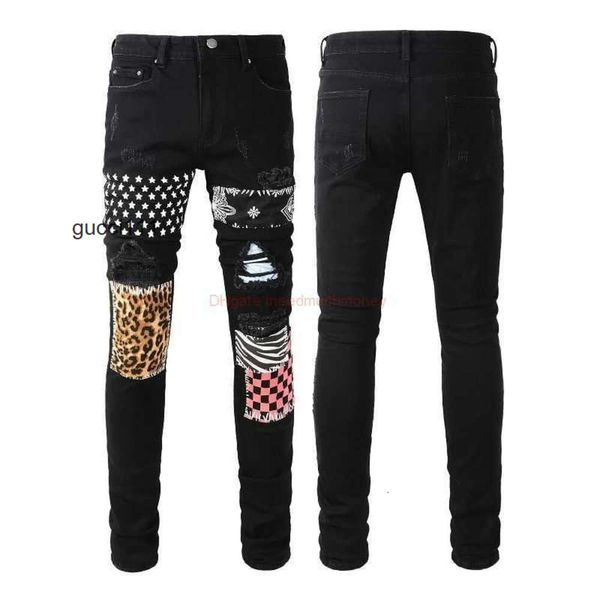 Patch Amari Amirl Amirlies Am Amis Imiri Amiiri Designer Roupas Jeans Calças Jeans Es 8595 High Street Fashion Brand Elastic Leopard Print Moda Jeans Rasgados M T05H