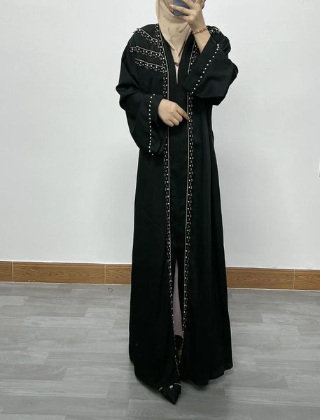 Abbigliamento etnico Medio Oriente Arabia Saudita Ramadan Lusso Musulmano Moda Abito da donna Dubai Abito con cardigan in pizzo ricamato con borchie di perle