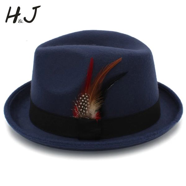 Geniş Memlu Şapkalar Kova Şapkaları Erkekler Feminino Feel Fedora Şapkası Baba için Kış Sonbahar Yün Kilisesi Roll Up Brim Homburg Caz Şapkası Tüy Şapkası 231218