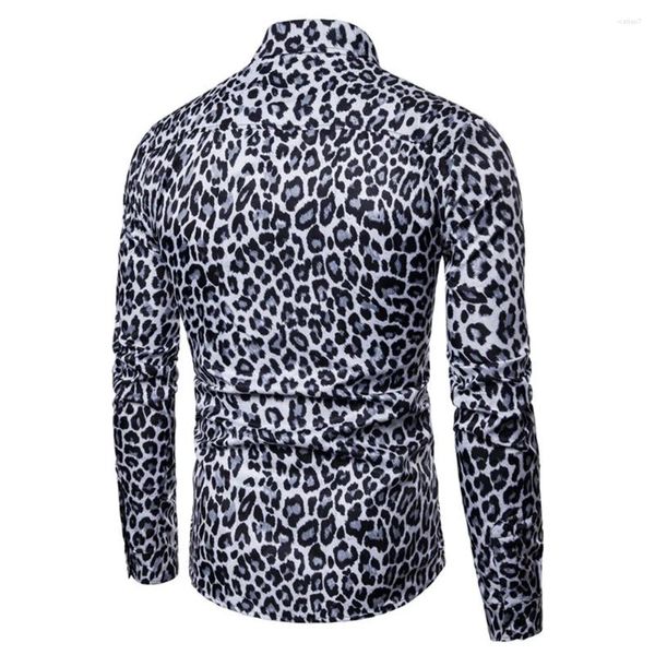 Camisas casuais masculinas elegantes com estampa de leopardo, camisa slim fit de manga comprida com botões M 3XL branco/marrom