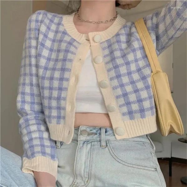 Frauen strickt Ins koreanischen Stil Autmun Plaid Cardigan Frauen Knöpfe lässig abgeschnitten gestrickte Pullover Mantel Pull Femme Blusa De Frio Feminina