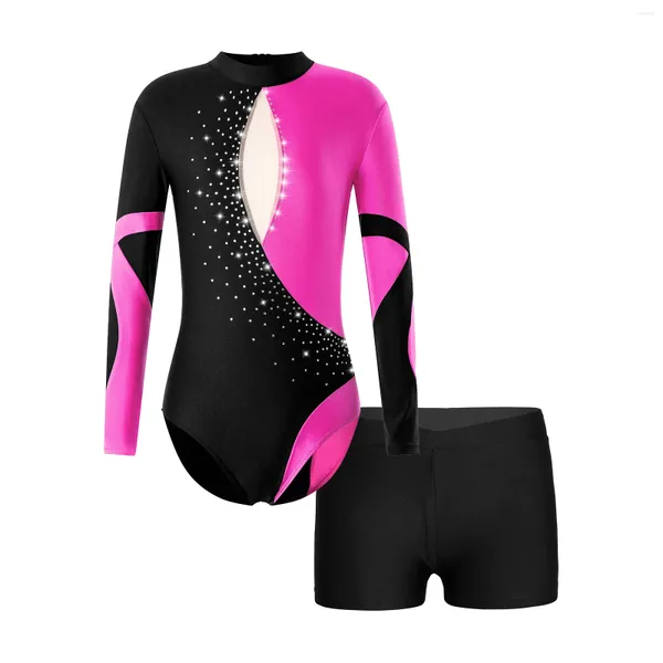 Palco desgaste crianças meninas ballet ginástica collant desempenho traje manga longa sem encosto brilhante strass patinação no gelo macacão bodysuit