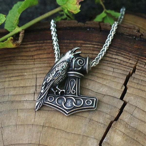 Colares de pingente 1 pcs homens de aço inoxidável Viking Raven Nordic Pagan Colar Raven's Mjolnir Hammer285V